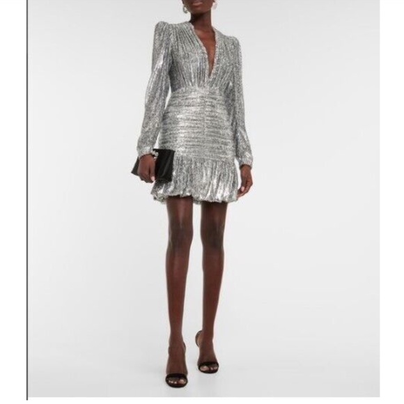 COSTARELLOS Libby Silver LUREX DEVOR Embellished Ruched Mini Dress sz 40 - Picture 2 of 9